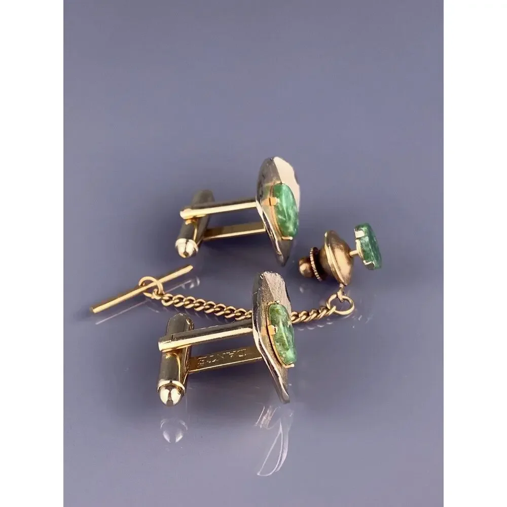 Green Jade Stone Cufflinks Tie Tack Pin Gold Tone Oval Modern Dante Vintage